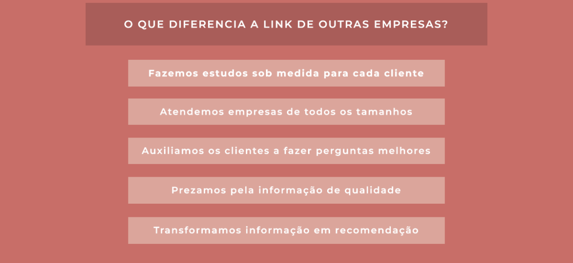 O que diferencia a Link de outras empresas? Fazemos estudos sob medida para cada cliente; Atendemos empresas de todos os tamanhos; Auxiliamos os clientes a fazer perguntas melhores; Prezamos pela informação de qualidade; Transformamos informação em recomendação.