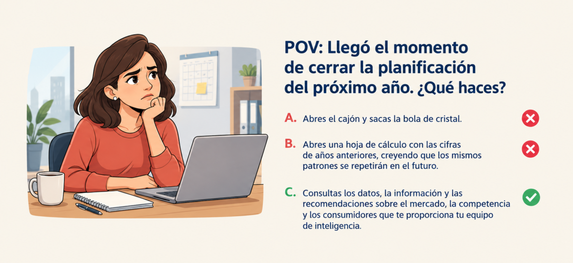 Ejecutiva sentada en su escritorio, pensativa. Debajo aparece el siguiente texto: Llegó el momento de cerrar la planificación del próximo año. ¿Qué haces? Abres el cajón y sacas la bola de cristal. Abres una hoja de cálculo con las cifras de años anteriores, creyendo que los mismos patrones se repetirán en el futuro. Consultas los datos, la información y las recomendaciones sobre el mercado, la competencia y los consumidores que te proporciona tu equipo de inteligencia.