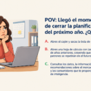 Ejecutiva sentada en su escritorio, pensativa. Debajo aparece el siguiente texto: Llegó el momento de cerrar la planificación del próximo año. ¿Qué haces? Abres el cajón y sacas la bola de cristal. Abres una hoja de cálculo con las cifras de años anteriores, creyendo que los mismos patrones se repetirán en el futuro. Consultas los datos, la información y las recomendaciones sobre el mercado, la competencia y los consumidores que te proporciona tu equipo de inteligencia.
