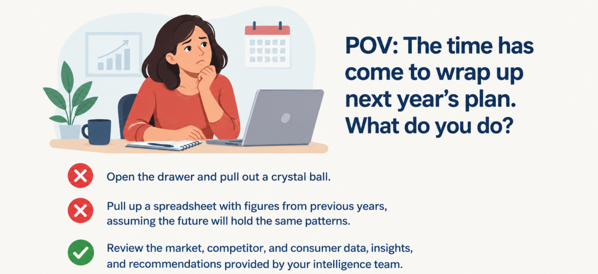 Executive sitting at her desk, deep in thought. The following text appears below her: The time has come to wrap up next year’s plan. What do you do? Open the drawer and pull out a crystal ball. Pull up a spreadsheet with figures from previous years, assuming the future will hold the same patterns. Review the market, competitor, and consumer data, insights, and recommendations provided by your intelligence team.